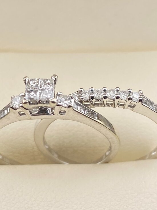 Luxury Solid 10K White Gold Genuine Diamonds Engagement Ring Set (2 Pcs.) Sz. 7 - Picture 1 of 15